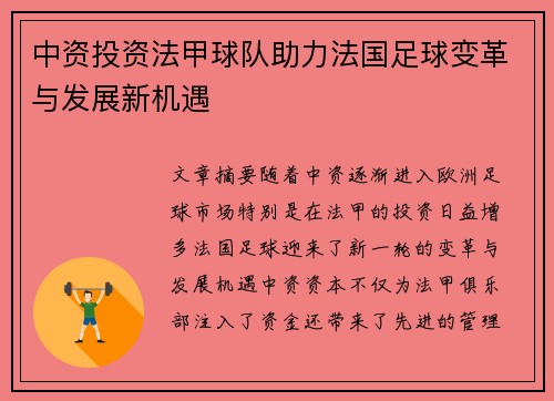 中资投资法甲球队助力法国足球变革与发展新机遇